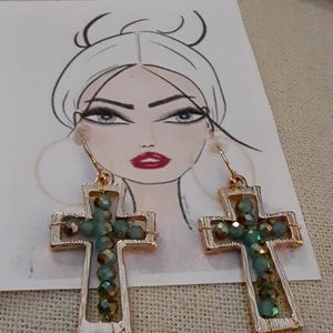 Cross earrings. Green iridescent